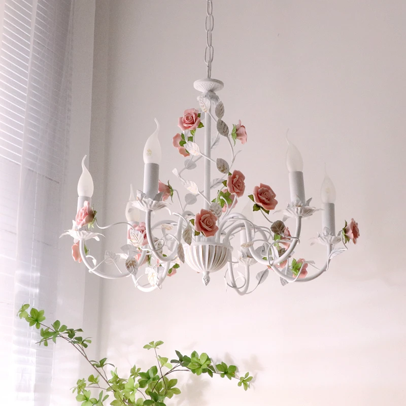 Rural Bedroom Chandelier French Living Room Children's Room Iron Flowers Plants Warm American Retro Fresh Ceramic Pendant Lamps 2