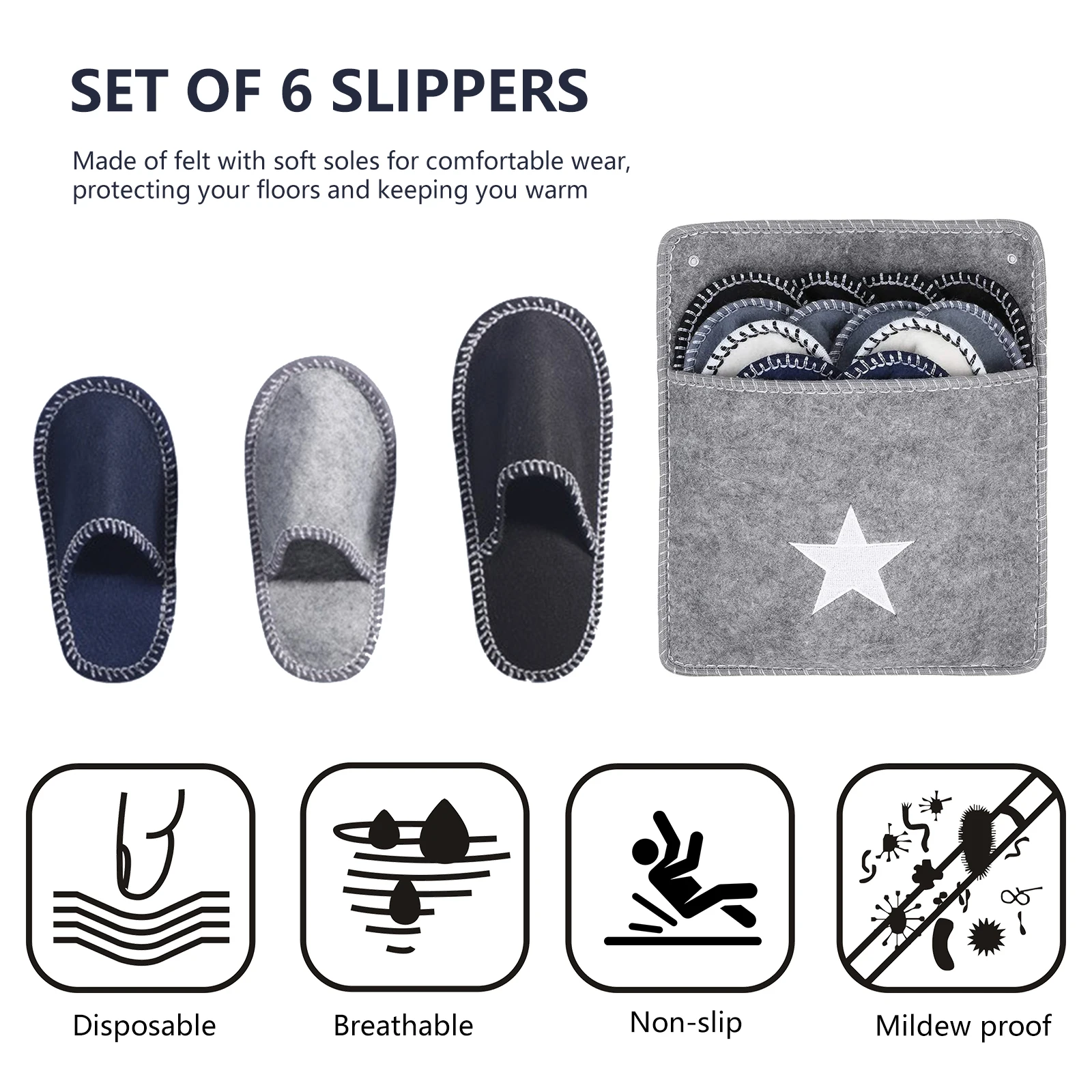 6 Pairs Family House Guest Slippers Set Closed Toe Disposable Slippers Felt Guest for Bedroom Wedding Party