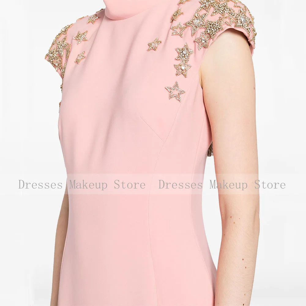 Elegant Wedding Guest Dresses Pink Mermaid Crystals Cap Sleeves Formal Party Gowns for Women High Collar Trumpet Evening Dress 4