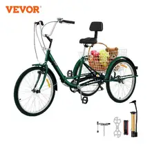 VEVOR 24" 7-Speed 3 Wheel Bikes Tricycle Trike Folding Tricycle Foldable Adult Tricycle 3 Wheel Bike Trike for Adults (Green)
