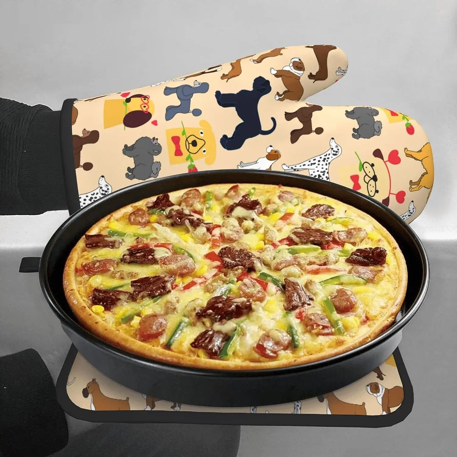 Dog with Flower Oven Mitts Pot Holders Set Heat Resistant Waterproof Gloves for Kitchen Cooking Baking BBQ