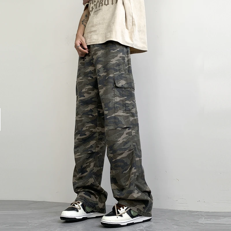 Camouflage Cargo Pants Unisex Y2K Retro 100 Cotton Multi-Pocket Wide Leg Pants Men's Tactical Street Clothing Straight Leg Pants