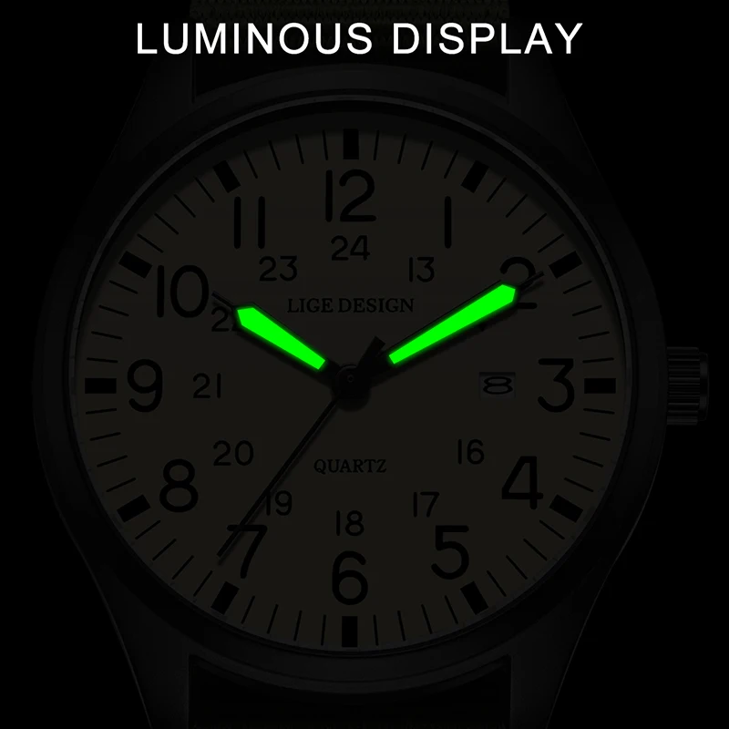 LIGE Fashion Military Sports Watch For Men Green Nylon Strap Waterproof Luminous Men's Quartz Watch Casual Business Chronograph