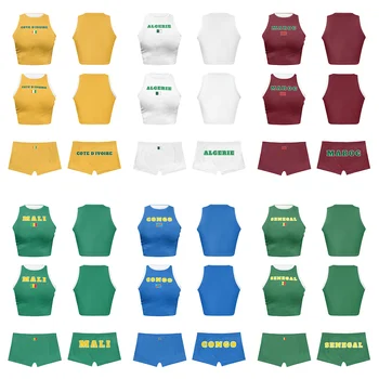 Hot Girl Y2K Morocco Congo Senegal Cote D'ivoire Algeria Mali Flag Color Letters Design Crop Tank Tops Tshirt & Yoga Shorts Sets 1