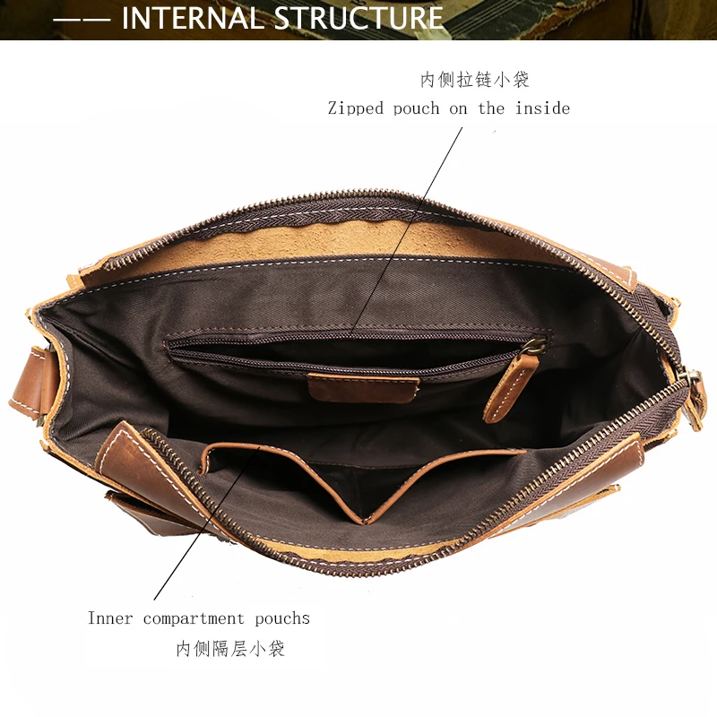 2023 Crazy Horse Leather Shoulder Messenger Bags Man Crossbody Satchel Bag Men's Vintage Business Work Leather Bag 9.7 Ipad