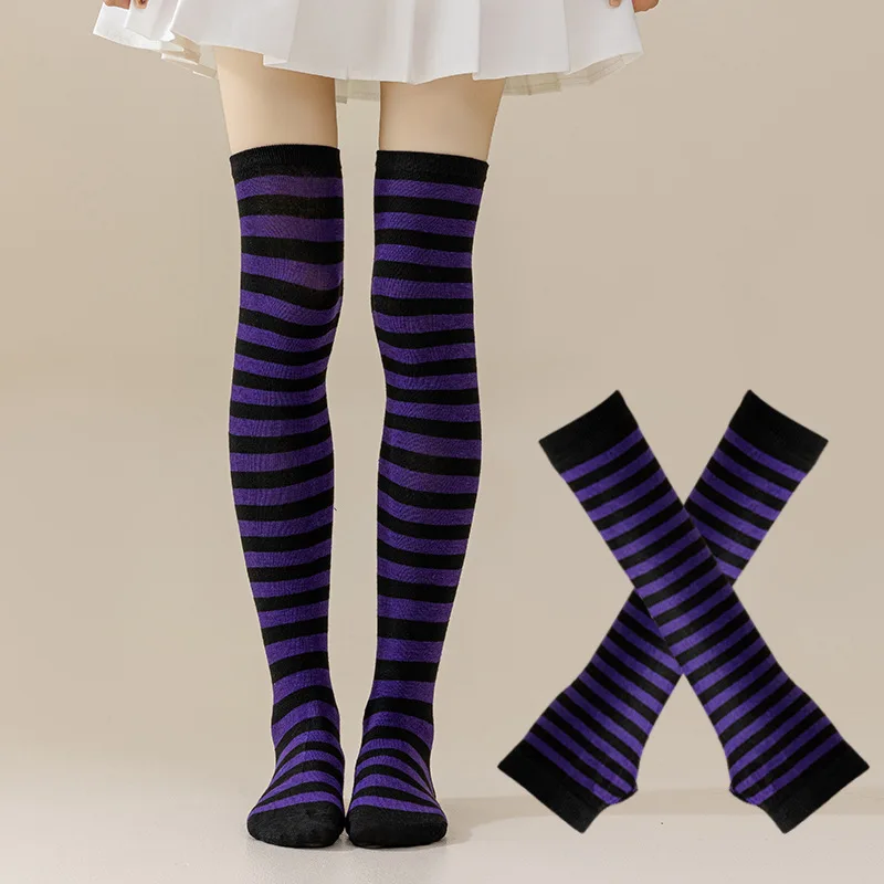 1 Set Damen Mädchen Overknee Lange Gestreifte Bedruckte Oberschenkelhohe Baumwollsocken Mädchen Armstulpen Handschuhe Socken Cosplay-Anzug Weihnachtsgeschenk – Detail 17