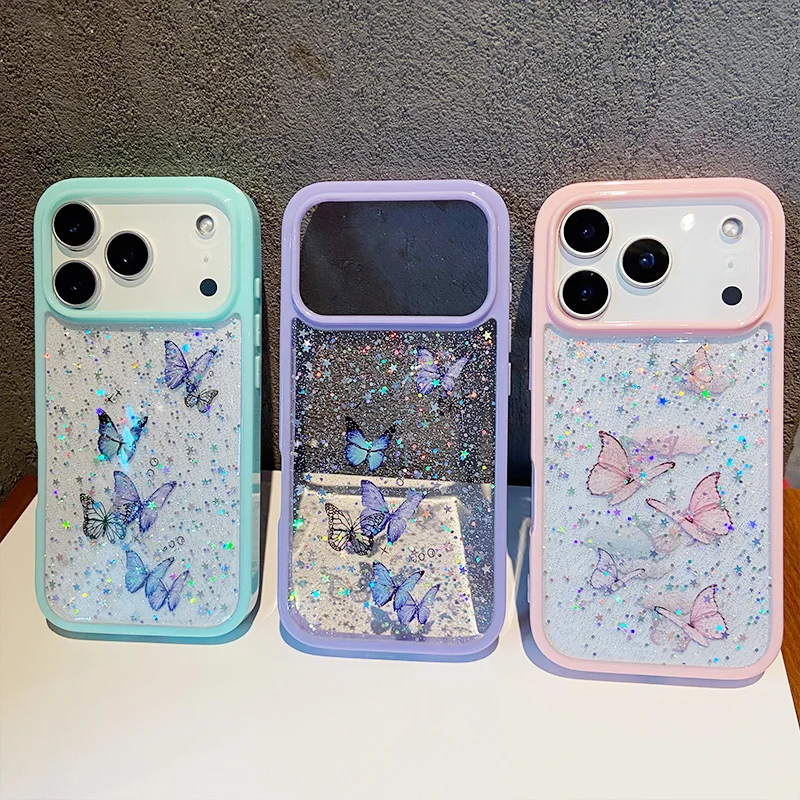 Glitter Butterfly Transparent Candy Color Epoxy Silicone Phone Case