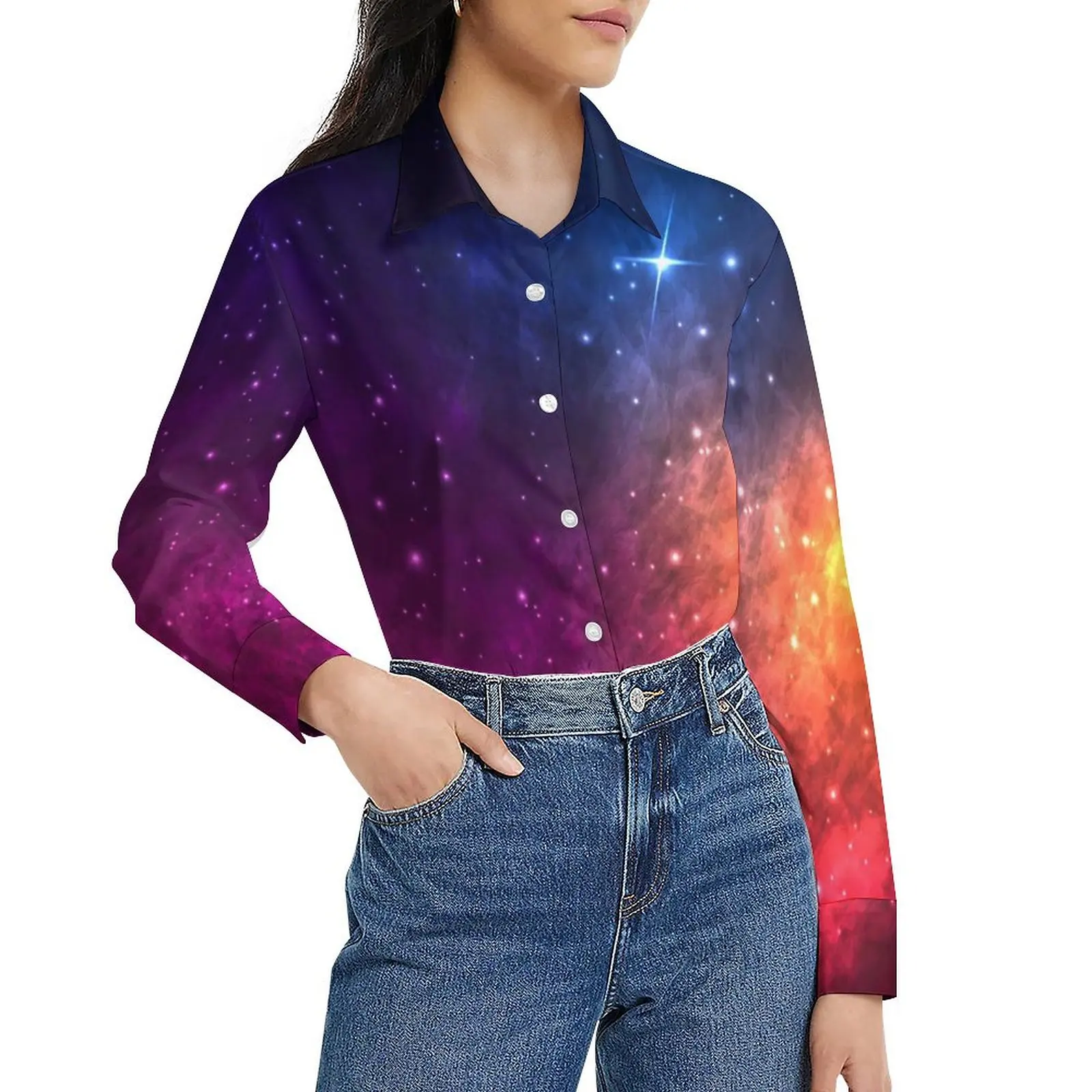 

Женская Свободная блузка с длинным рукавом, разноцветная Повседневная блузка большого размера с изображением звезд и туманности, изящная рубашка на весну