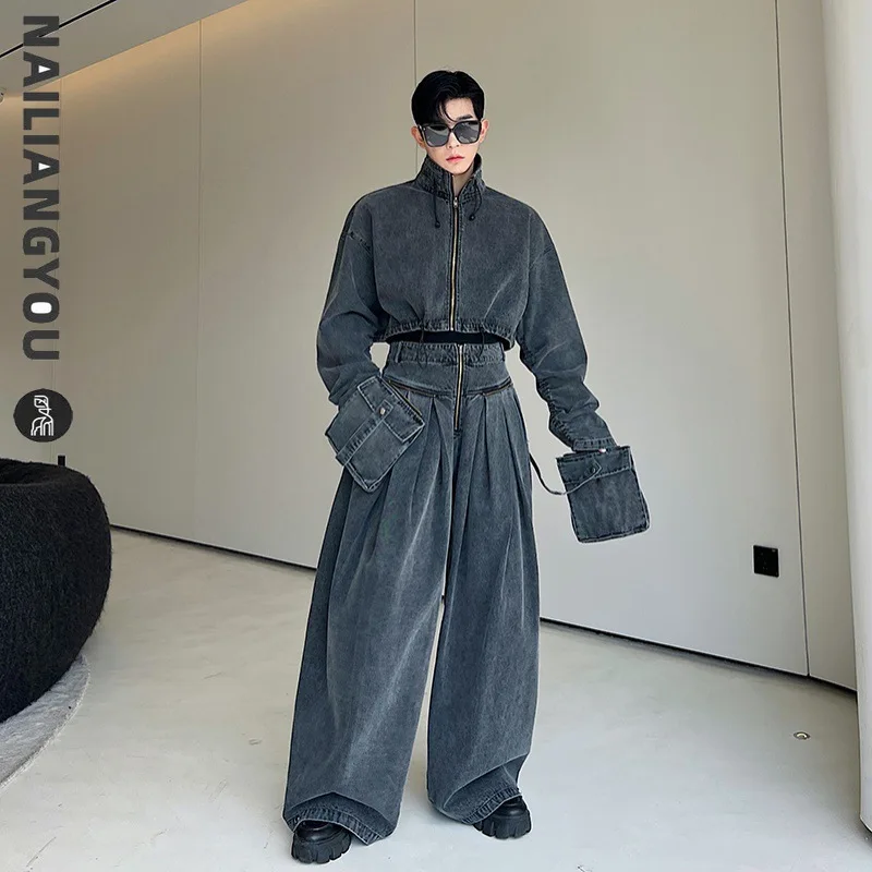 

Korean Fashion Denim Set Men Women Vintage Cargo Denim Jacket+Washed Distressed Retro Loose Jeans Autumn Casuals Two-piece