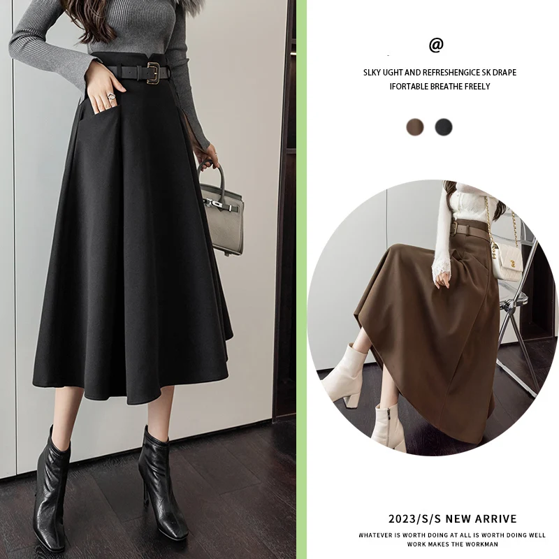 

2023 New Autumn/Winter Woolen Half Skirt Women's Versatile Slim Fashion High Waist Mid length A-line Skirt