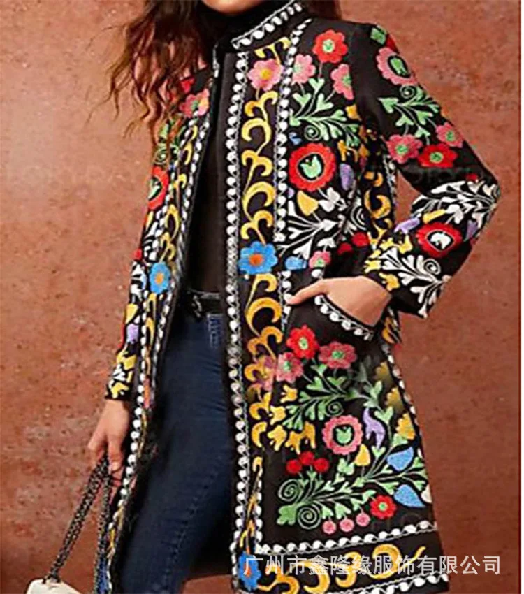 

Multicolors Flower Printed Casual Blazer Women Winter Indie Folk Jacket Long Sleeve Vintage Coat Slim Office Lady Blazer Outwear