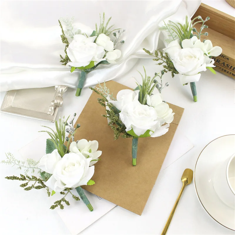 Weißer Bräutigam Boutonniere Blumen für Mensuit Künstliche Blume Seide Rose Männer Brosche Blumen Pins Ehe Dekoration 2 Stück – Detail 4