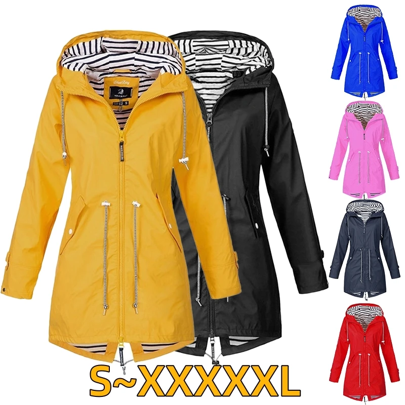 

Women Outdoor Waterproof Rain Jacket Running Coat Jackets Climbing Hooded Sleeve Hooded Windbreaker Jacket