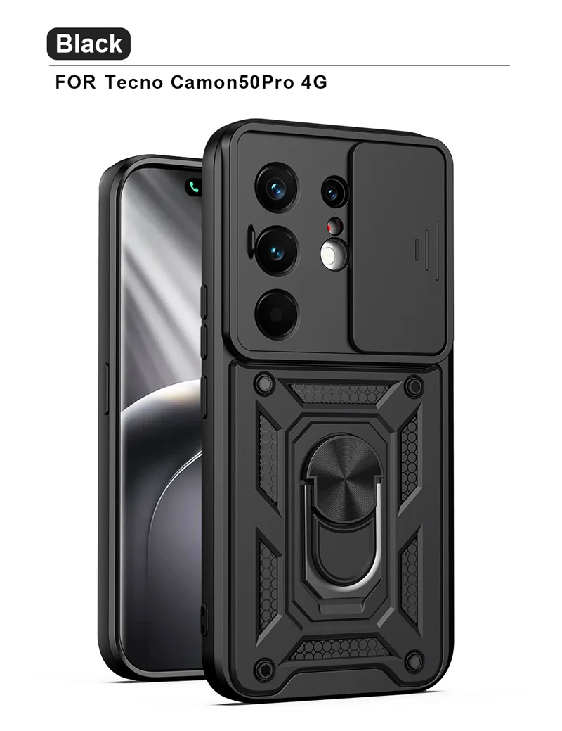 Slide Camera Lens Protection Phone Case with Ultra Ring Stand Hybrid Shockproof Cover
