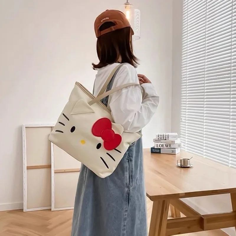 MBTI Canvas Hello Kitty Womens Tote Bag Casual Cute Large Capacity Cartoon Fashion Shoulder Bag Exquisite Luxury Female Handbag