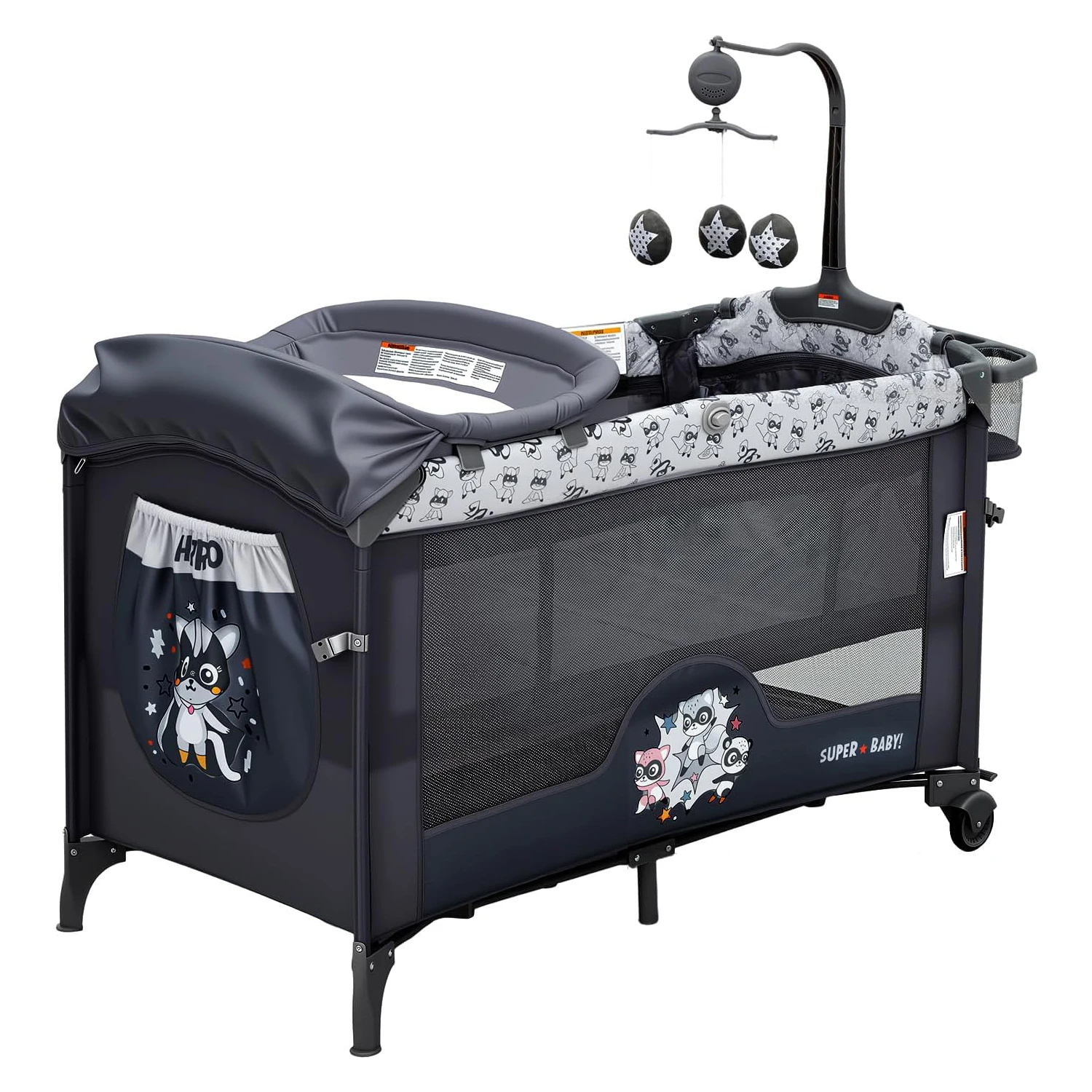 4-in-1 Portable Baby Travel Crib & Bassinet,Playpen with Changing Table, Zipper Entry, Lockable Wheels, Storage, and Toy Bar
