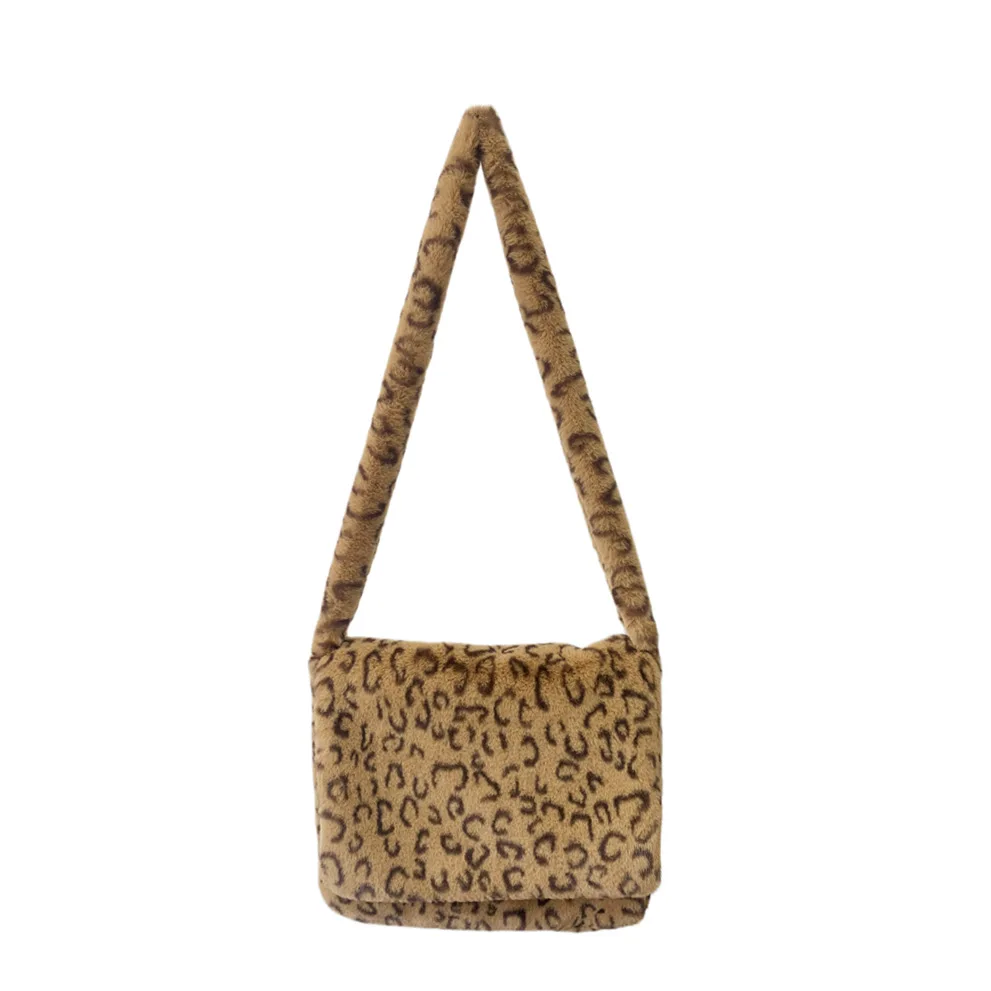 Leopard Print Shoulder Women Bag Winter 2023 Soft Faux Fur Ladies Hand Bags Casual Fluffy Crossbody Messenger Bag Bolsa Feminina