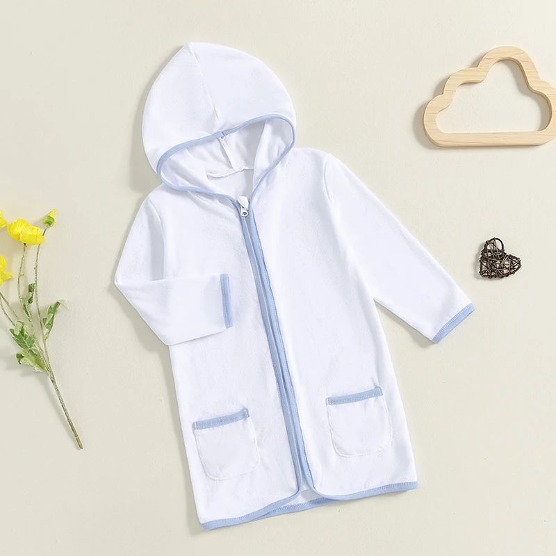 Boys Girls Robe Hooded Zip Up Pockets Soft Contrast Color Long Sleeve Nightgowns