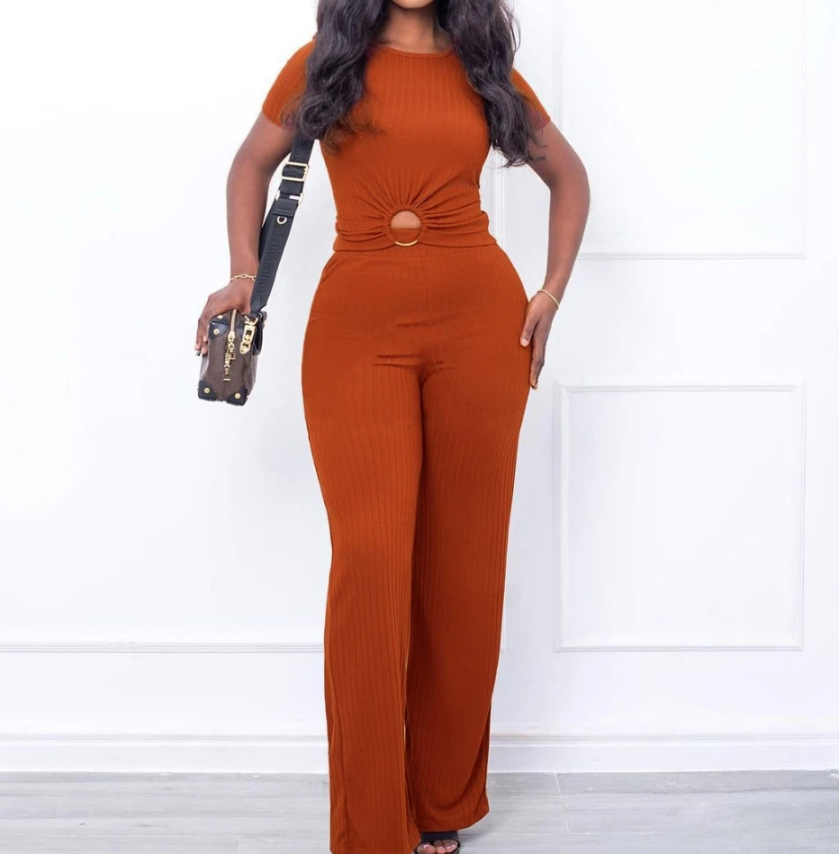 

Two Piece Set for Women 2024 New Pit Stripe Circular Decor Short Sleeve Solid Color Tops and Casual High Waisted Long Pants Set