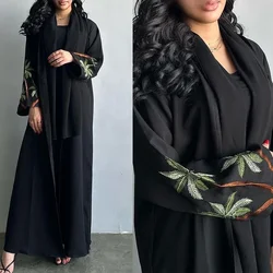 2024 New Ramadan Islam Abaya Kaftan Black Embroidered Leaf Pattern Robe Femme Musulmanefor Europe and Dubai America