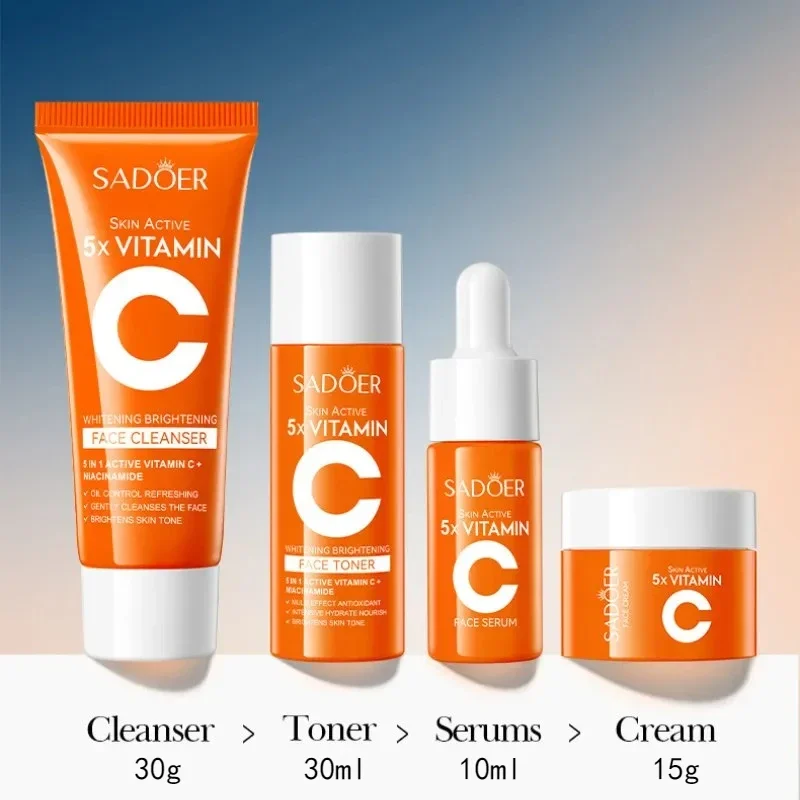4pcs 5X Vitamin C Whitening Moisturizing Kit Travel Travel Skin Care Set Cleanser, Toner, Serum, Face Cream Christmas Gift