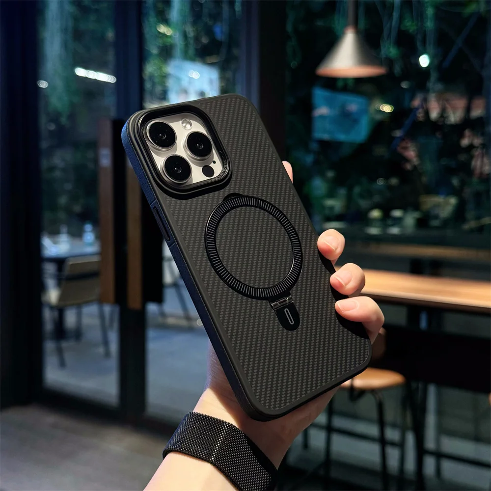 Sleek Magnetic Holder Carbon Fiber Leather Phone Case with Ring Bracket Cover