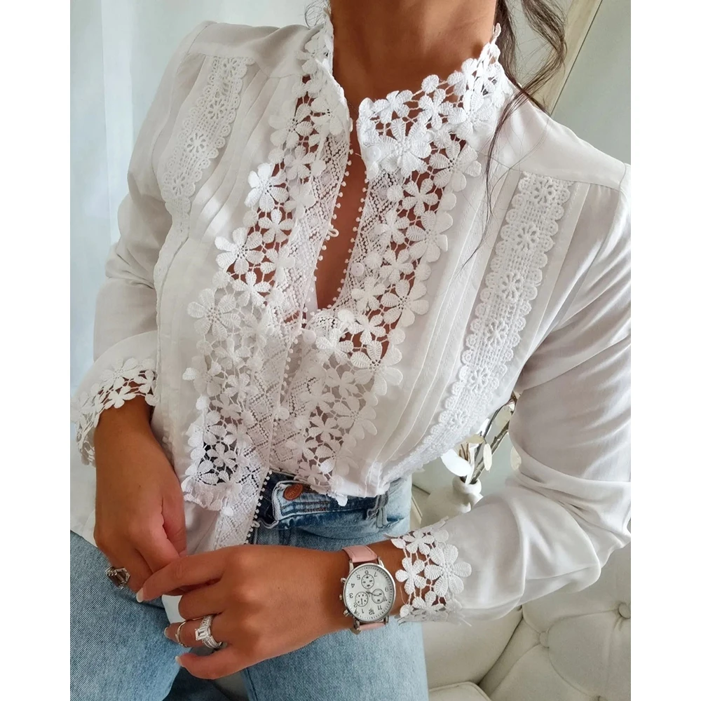 Contrast Lace Floral Pattern Casual White Shirts for Women Buttoned Design V-neck Casual Blouse Solid Top Elegant Spring Outwear flyingbee pink pattern fashion design lanyards id badge holder keychain id card pass gym badge holder lanyard key holder x2107