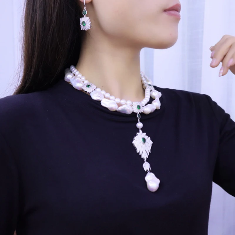 

20" 2 Strands Natural White Pearl CZ Pendant Necklace Earrings Sets For Women