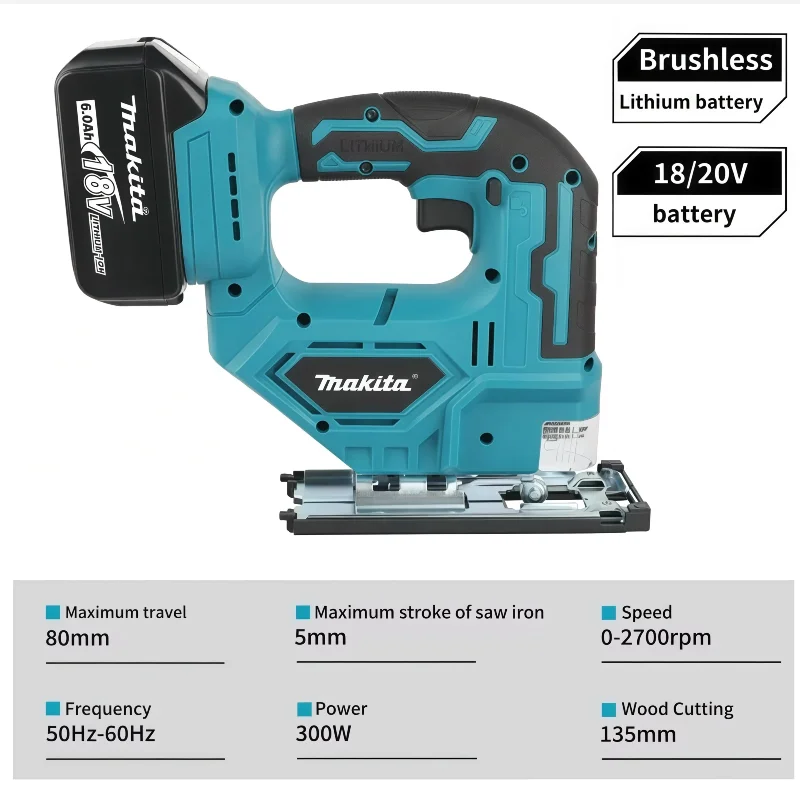 Makita DJV182Z 340W 18V 브러시리스 직소(톱날 포함) 배터리 없음 무선 배럴 핸들 휴대용 목수 전동 공구