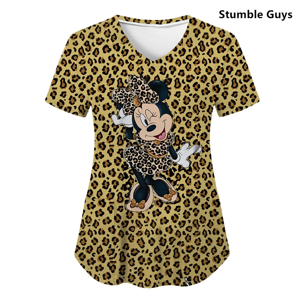 

T Shirts Minnie Mouse T-shirts V Neck Woman Clothes Hospital Tops Disney Top Women 2024 Nurse Uniform T-shirt Pocket Summer Tees