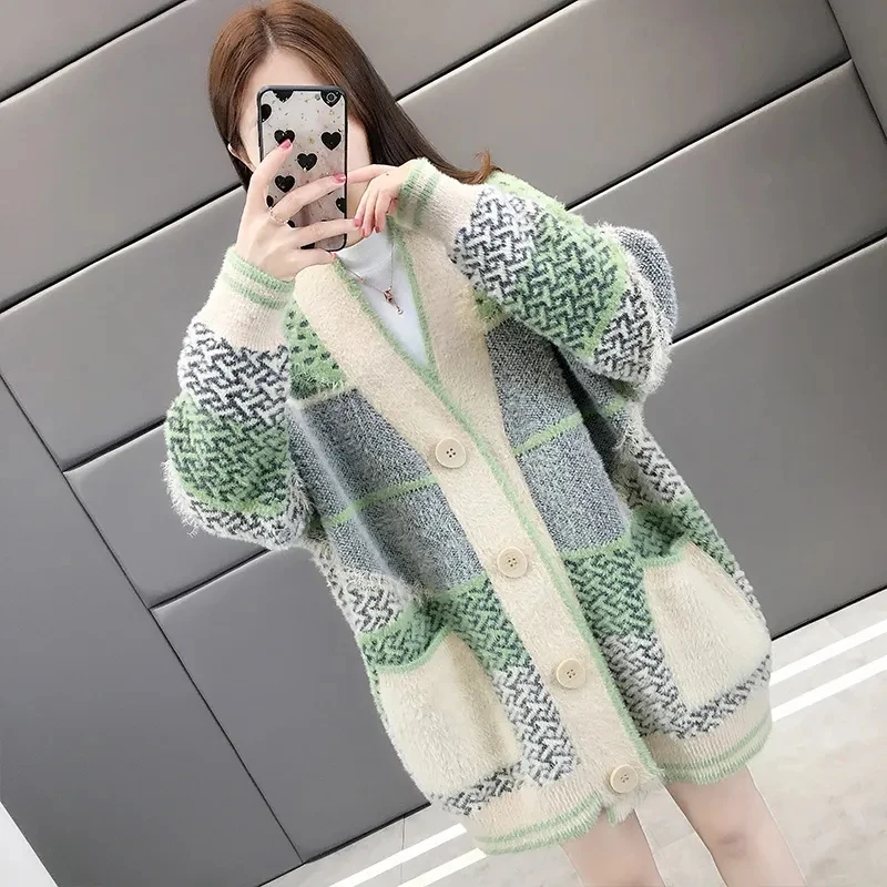 Mink Velvet Knitted Cardigan Jacket Women's 2022 New Loose Ladies Sweater Outerwear Spring And Autumn All-Match Button Jacket