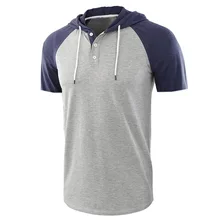 

Men T-shirt Sports Summer Fashion Solid Color Slim Fit Patchwork T-shirt Men's Casual Short Sleeve Hooded Pullover T-shirt Tops