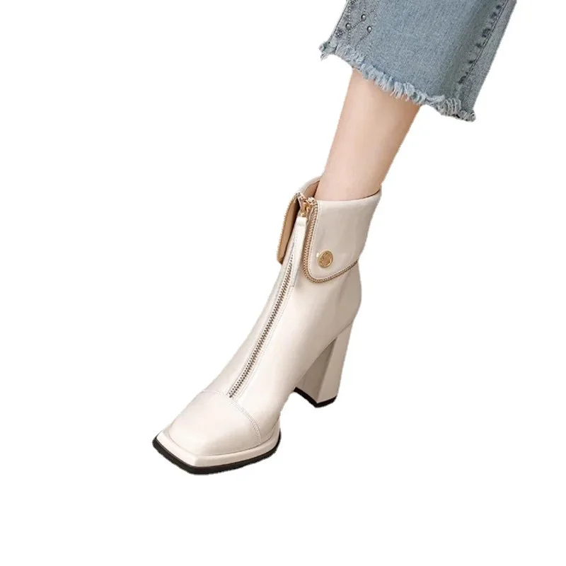Ladies Shoes 2023 Hot Sale Ankle Women's Boots High Quality Modern Boots Women Solid Square Toe Zip Heeled Shoes Female Zapatos