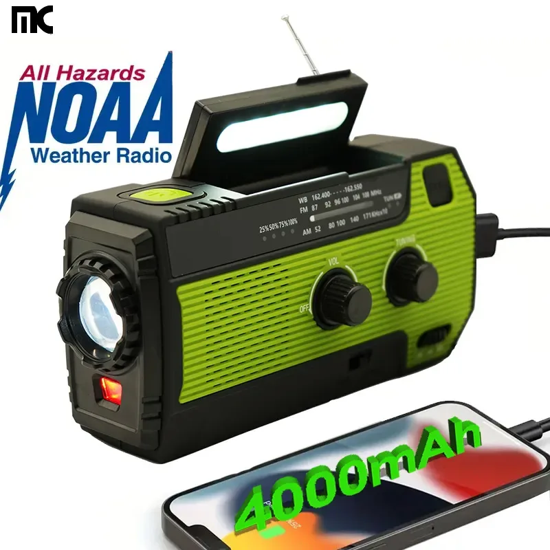 Multifuncional Rádio Manivela Solar fm am wb Receptor do Tempo 4000mah Carregamento Usb Lanterna Led de Emergência Power Ban