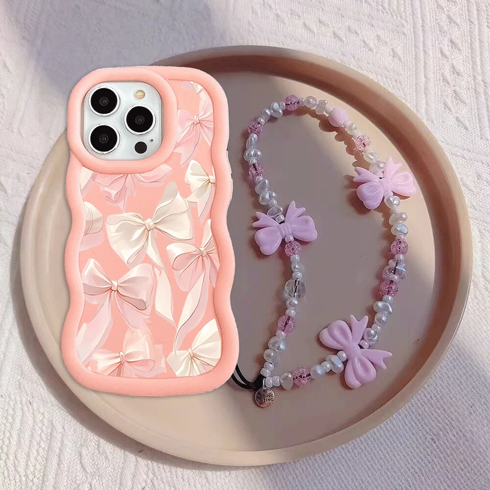 Chic Pink Bow Chain Silicone Phone Case with Bowknot Design