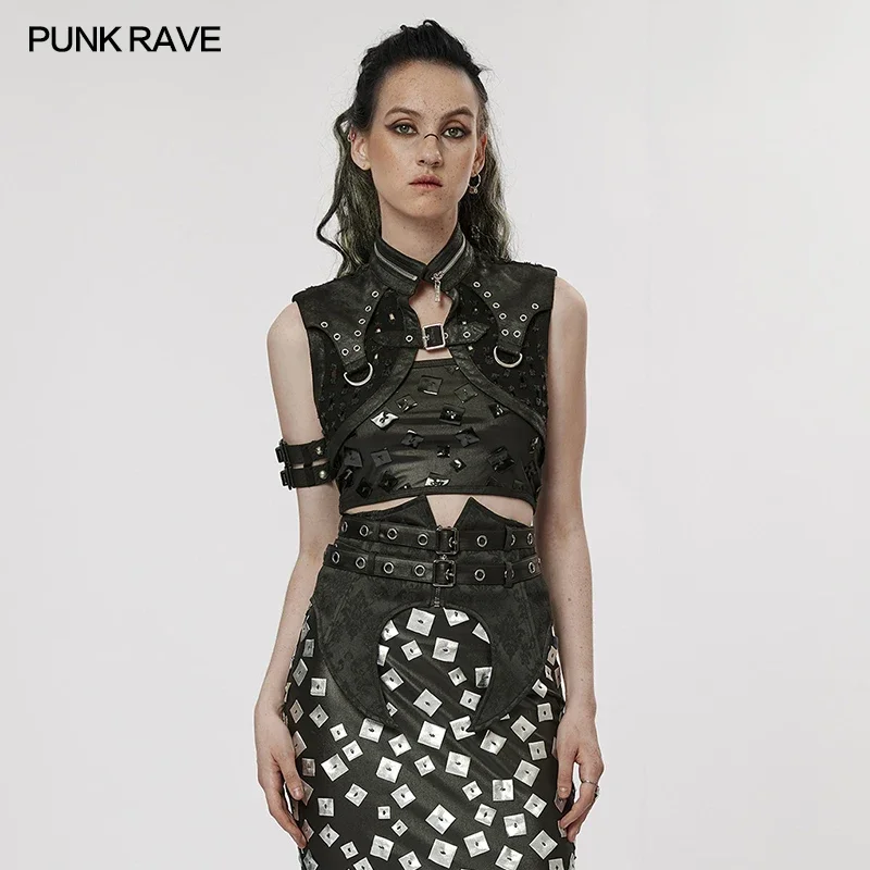 

PUNK RAVE Women's Punk Super Short Hollow Out Decadent Ripped Twill Jacket The Post-apocalyptic Hansome Small Coat Women Clothes