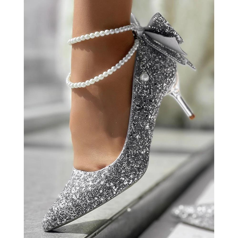 Women Sequin Bling Pointed Toe Beaded Bowknot Decor Pumps Autumn Daily Casual Thin Heel Shoes 2024 Korean Style Spring Autumn