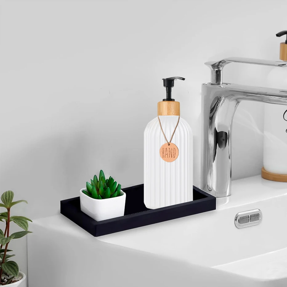 Stripe Dish and Hand Soap Dispenser with Silicone Tray Refillable Kitchen&Bathroom Liquid Hands Soap Bottle Farmhouse Decor