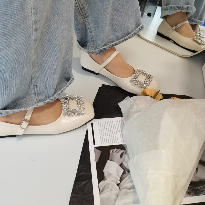 Square Versatile Rhinestone Mary Jane Flats Lolita Designer Zapatos Office Shoes Women Comfortable for Work