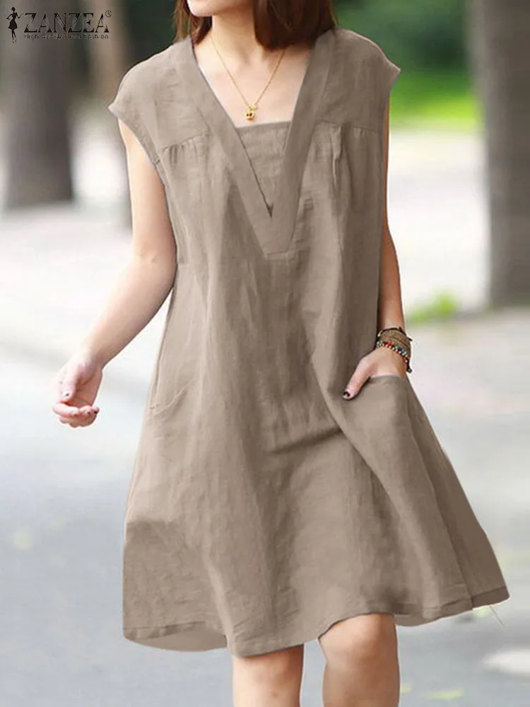 

ZANZEA Summer Beach Vestidos Women Sundress Baggy Mini Dress Casual Cap Sleeve Robes Holiday Solid Pocket Korean Vintage Dresses