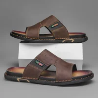Men's Outdoor Casual Thick Bottom Heightening Large Size Leather Surface Slip-On Sandals Summer New Style Comfortable Slides