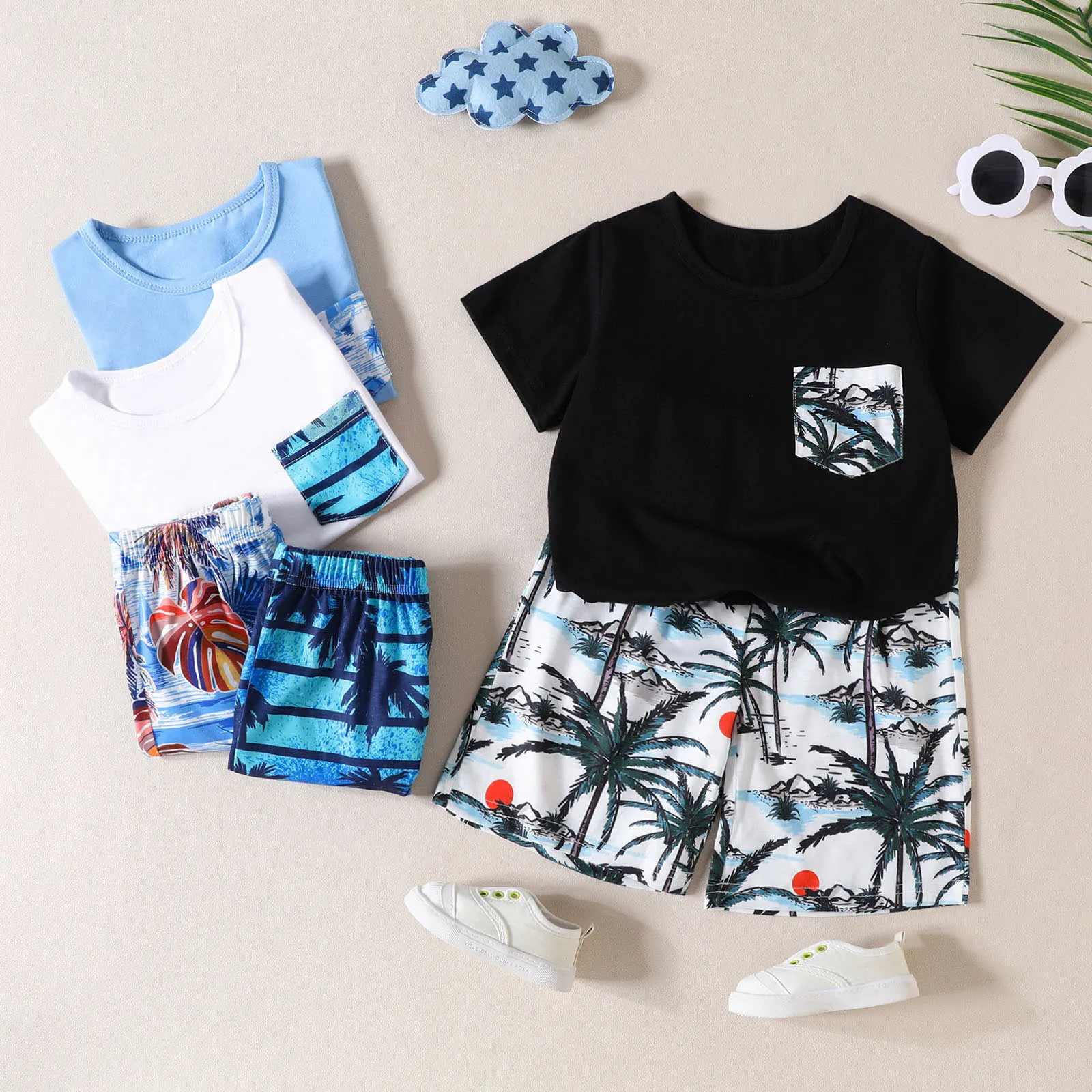 

Toddler Boys Boho Outfits Baby Short Sleeve Tree Prints T Shirt Tops+Shorts Children Kids Hawaiian Beach Casual Clothes Sets 2Pc