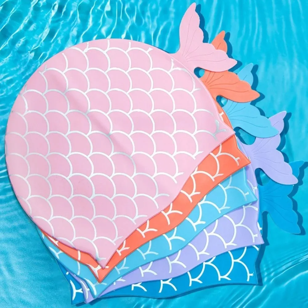 Cartoon Mermaid Tail Swimming Cap Silicone Swimming Cap Waterproof Swim Hat Kids Girls Free-diving Surfing Swimming Accesories 2