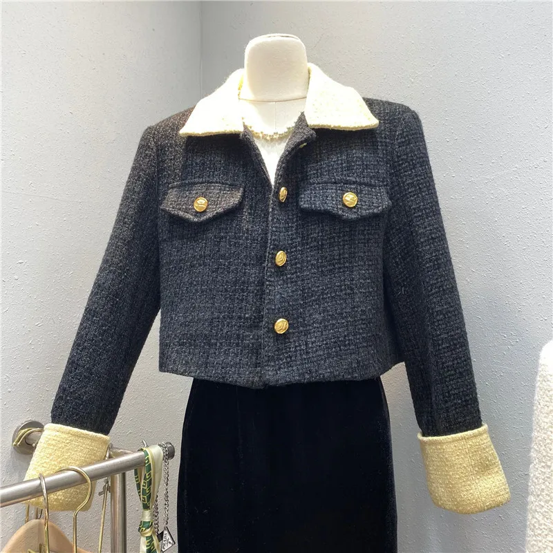 Short Tweed Jacket For Women 2023 Autumn Autumn Long Sleeve Outwear Ladies Temperament  Turn Down Collar Korean Cropped Coat