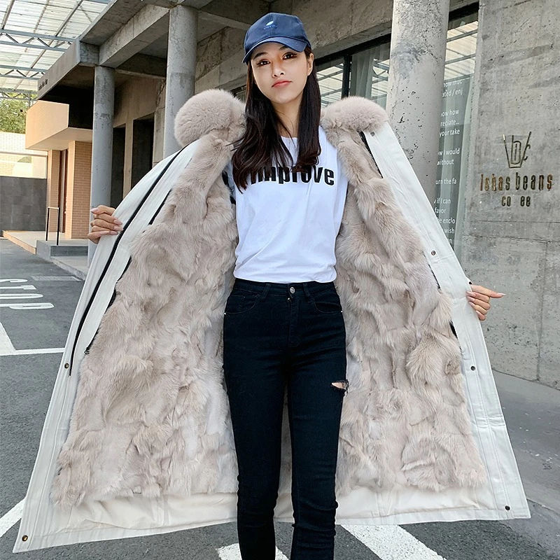 Women's Winter Luxury Hooded Pie Overcome Fox Fur Inner Removable Design Thermal Coat Outdoor Windproof Long Pie Overcome