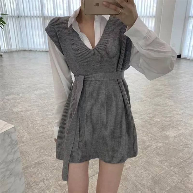 

Korean College Style Sleeveless Knitted Sweater Vest Women Loose V Neck Waistcoat Fashion Vintage Mini Dress with Belt Knitwear