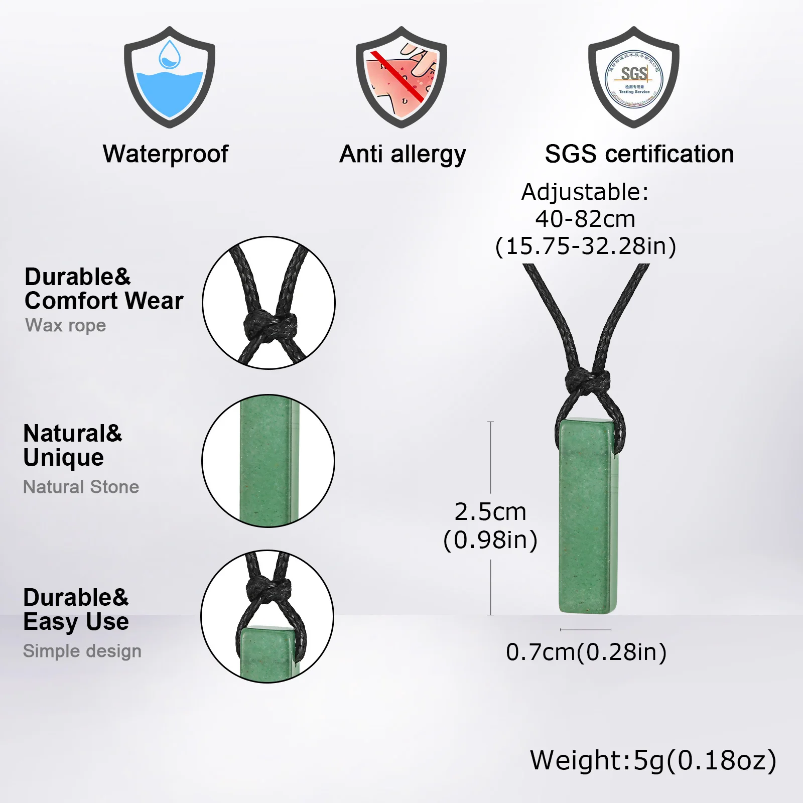 Green Healing Natural Stone Necklace for Men,Cylinder Pendant with Black Leather Long Wax Rope Collar,Sweater Chain Gift