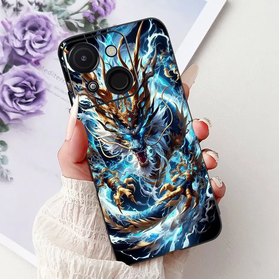 Cartoon Cat & Dragon Marble Matte Black Silicone Soft Phone Case