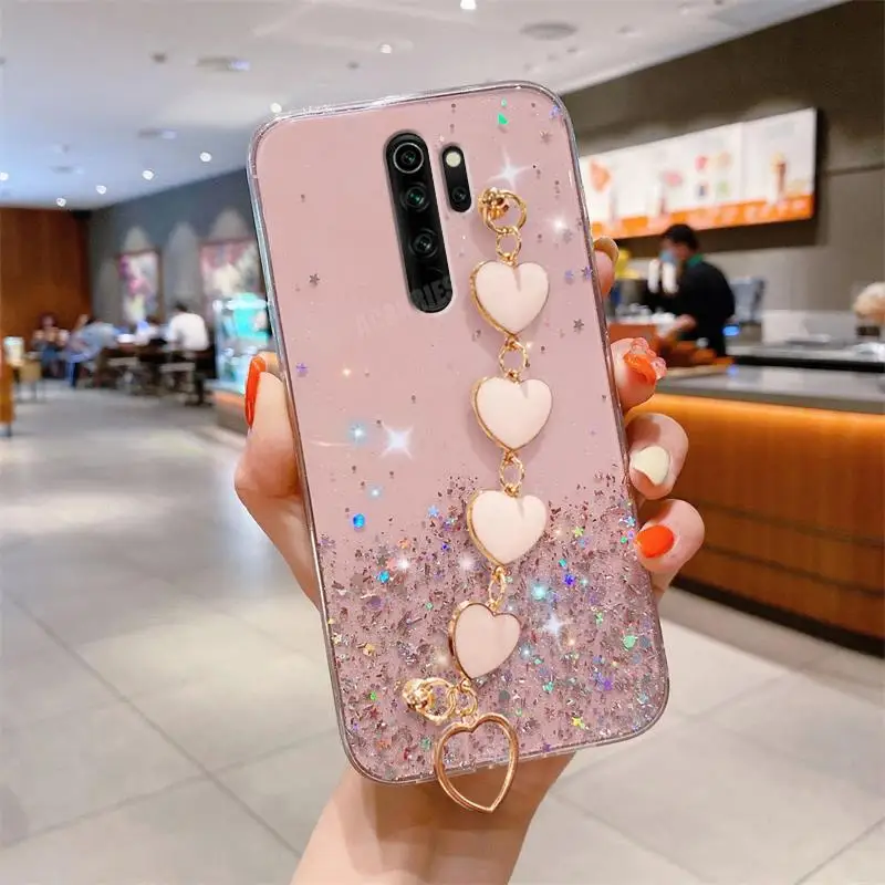 Note8pro Love Heart Wrist Chain Glitter Case On For Xiaomi Redmi
