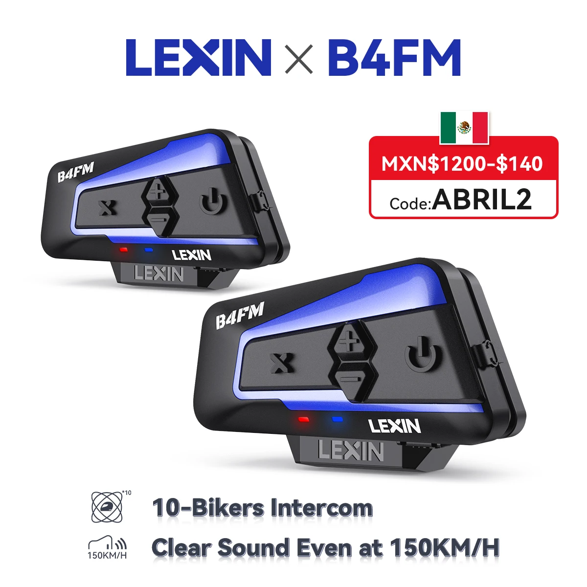 Lexin B4FM-X Bluetooth Motorcycle Intercom Helmet Headsets,BT 5.0 Wireless Communication Interphone Music Sharing 10 Riders